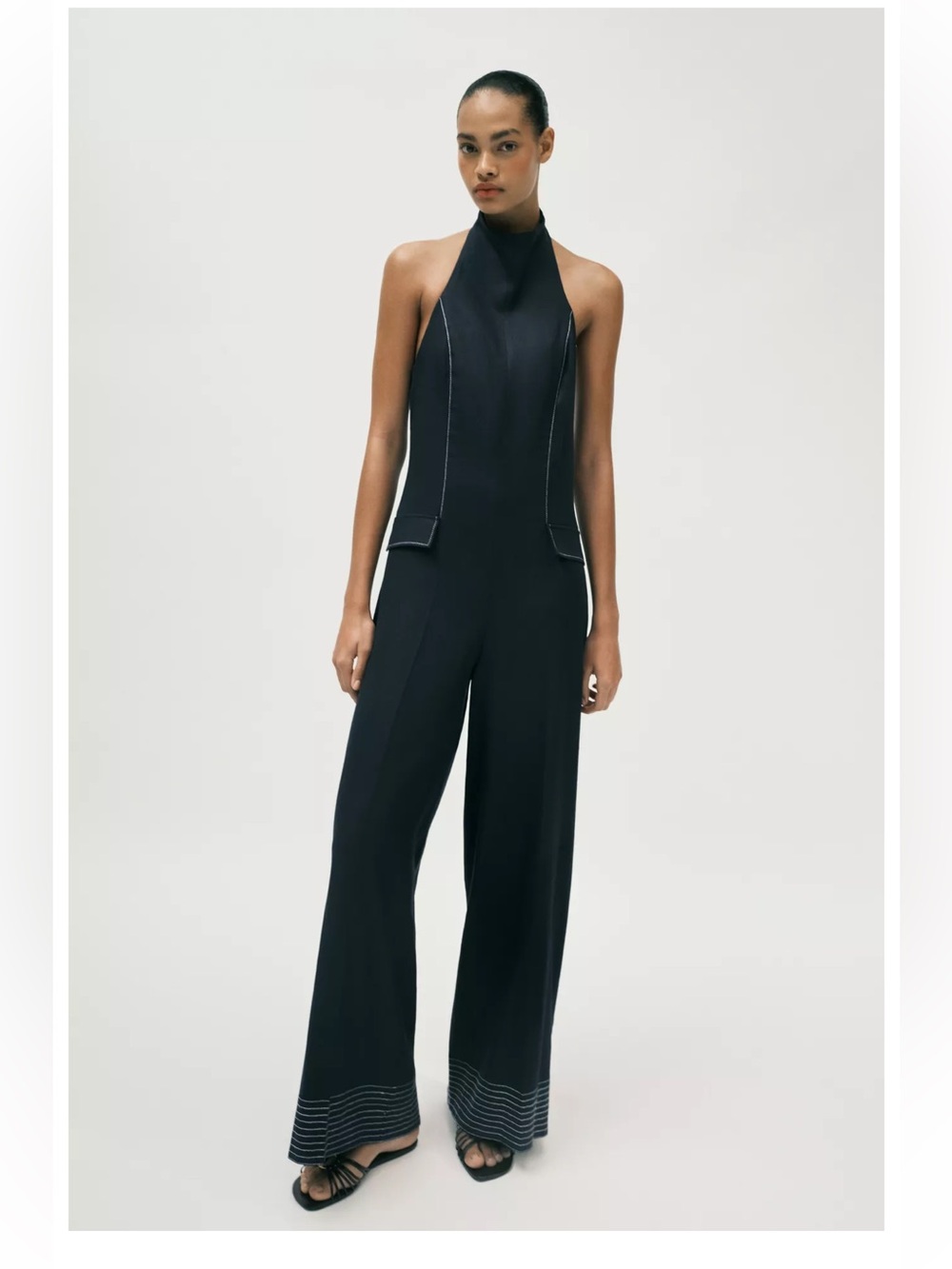 Zara LINEN HALTER JUMPSUIT WITH CONTRAST TOPSTITCHING